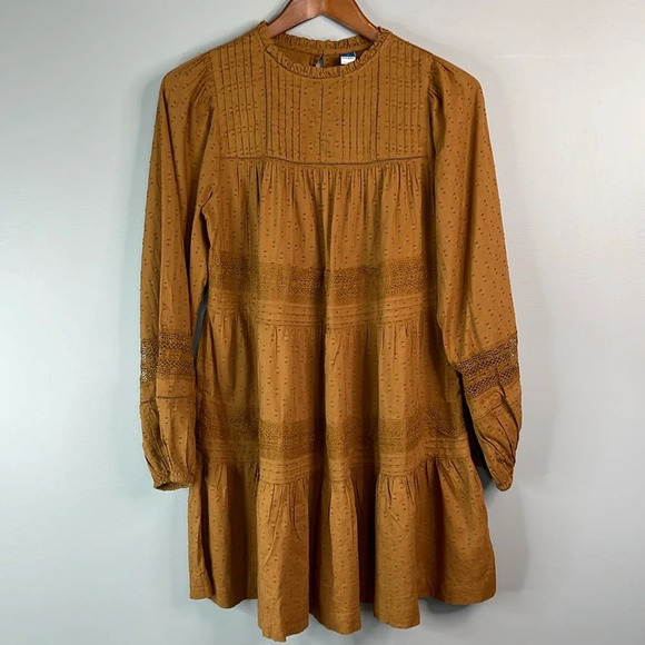 OLD NAVY Long Sleeve Pintucked ClipDot Mini Swing Dress Sisal Brown Lace Tier XS - Picture 12 of 12